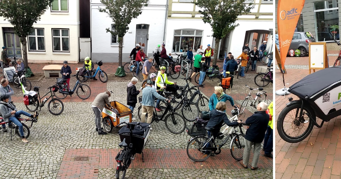 Collage aus zwei Bildern, links Auftaktkundgebung zur Fahrrad-Demo des BUND vor dem Historischen Rathaus, rechts ein ausleihabres Lastenrad des Vereins Zero Waste