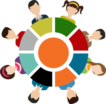 Illustration von acht Personen, die um einen bunten Kreis gruppiert sind.