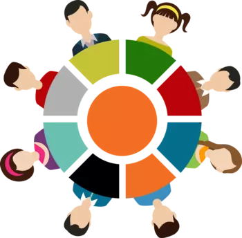 Illustration von acht Personen, die um einen bunten Kreis gruppiert sind.