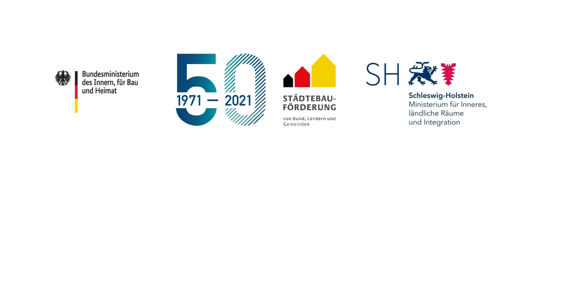 Die Logos des Bundesinnenministeriums, der Städtebauförderung und des Innenministeriums des Landes Schleswig-Holstein 