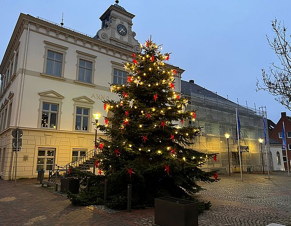 Vor dem Historischen Rathaus leuchtet ein Weihnachtsbaum.