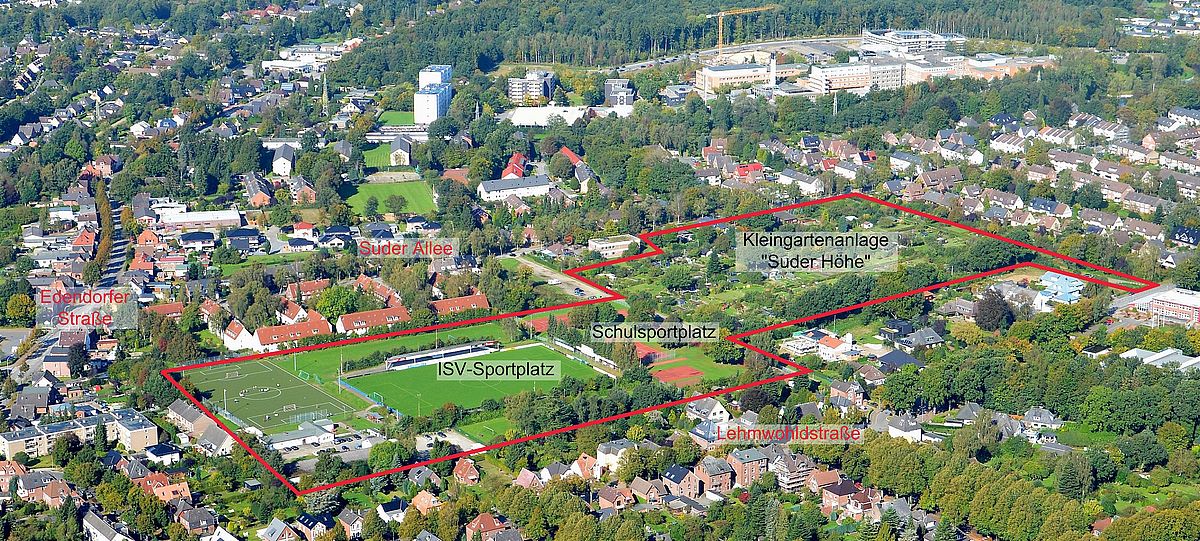Schrägluftbild der Kleingartenanlage Suder Höhe und des ISV-Sportplatzes. Das Gebiet ist rot umrahmt.