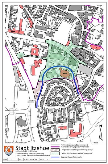 Planzeichnung des Theaterumfeldes und der daran anschließenden Teilbereich mit einskizziertem Verlauf der Neuen Störschleife