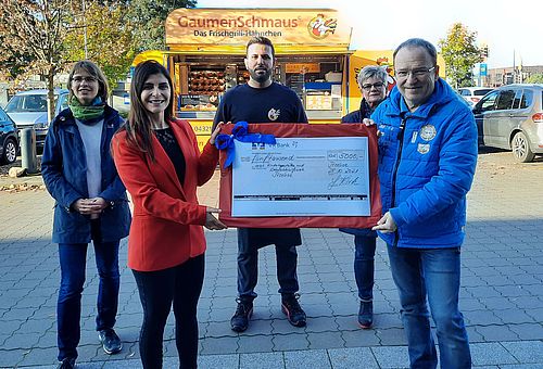 Geschäftsführerin Güler Kirk übergibt einen Spendenscheck an Bürgermeister Dr. Andreas Koeppen