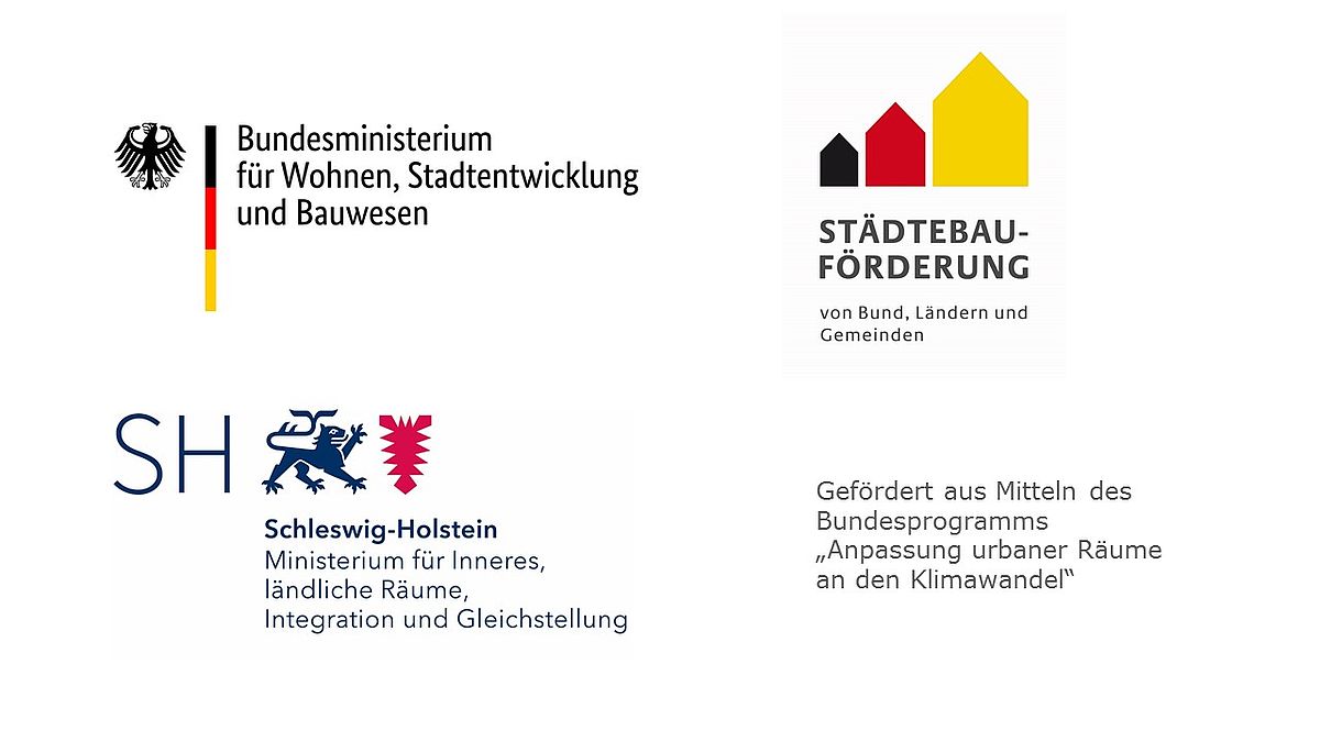 Logos des Bundesministeriums für Wohnen, Stadtentwicklung und Bauwesen, des Innenministeriums des Landes Schleswig-Holstein und der Städtebauförderung