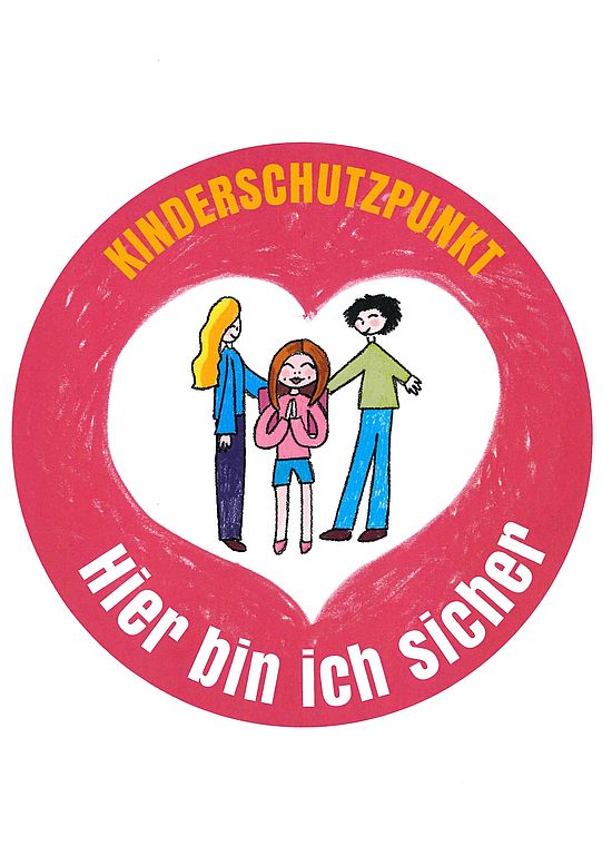 Logo der Kinderschutzpunkte - ein roter Kreis mit einer weißen herzförmigen freifläche. Darin stehen ein Kind und zwei Erwachsene. 